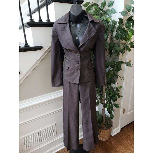 Anne Klein 2 Piece Suit Womens Petite 8 Black Wool Striped Lined Back Lace Up - Picture 1 of 16